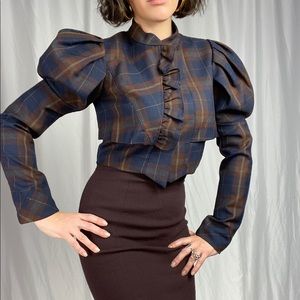 Victorian Edwardian Style Cropped Jacket Puff Sleeves Tartan Plaid Woven Wool